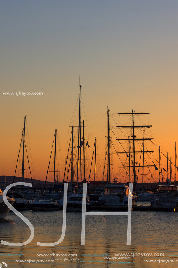 SOZOPOL, BULGARIA - JULY 11, 2016: Amazing Sunset at the port of Sozopol, Burgas Region, Bulgaria