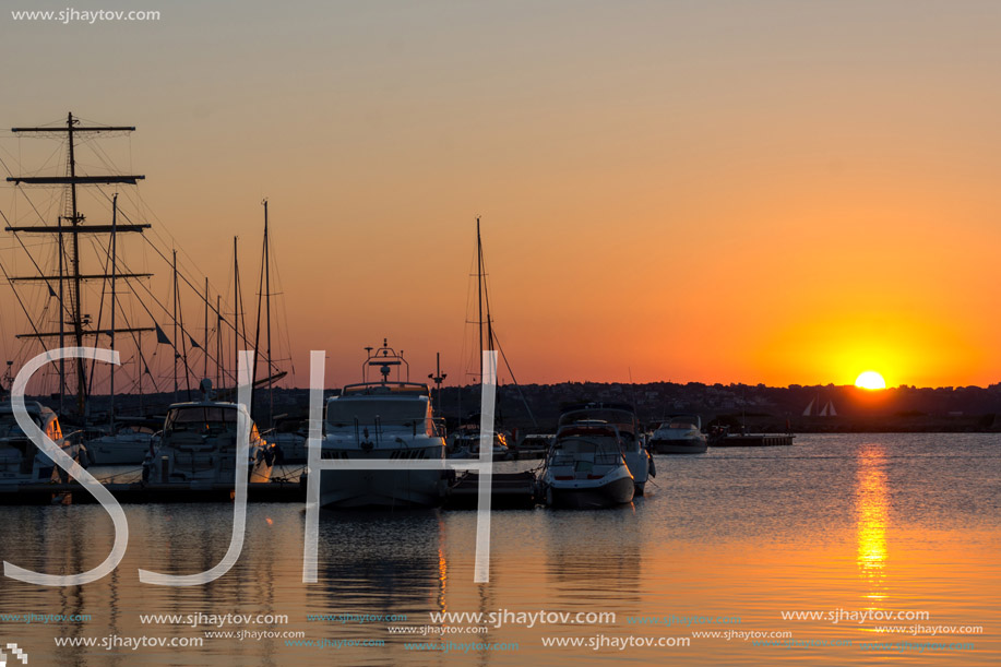 SOZOPOL, BULGARIA - JULY 11, 2016: Amazing Sunset at the port of Sozopol, Burgas Region, Bulgaria