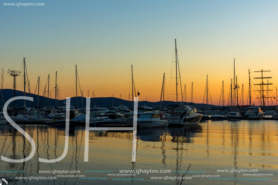 SOZOPOL, BULGARIA - JULY 11, 2016: Amazing Sunset at the port of Sozopol, Burgas Region, Bulgaria