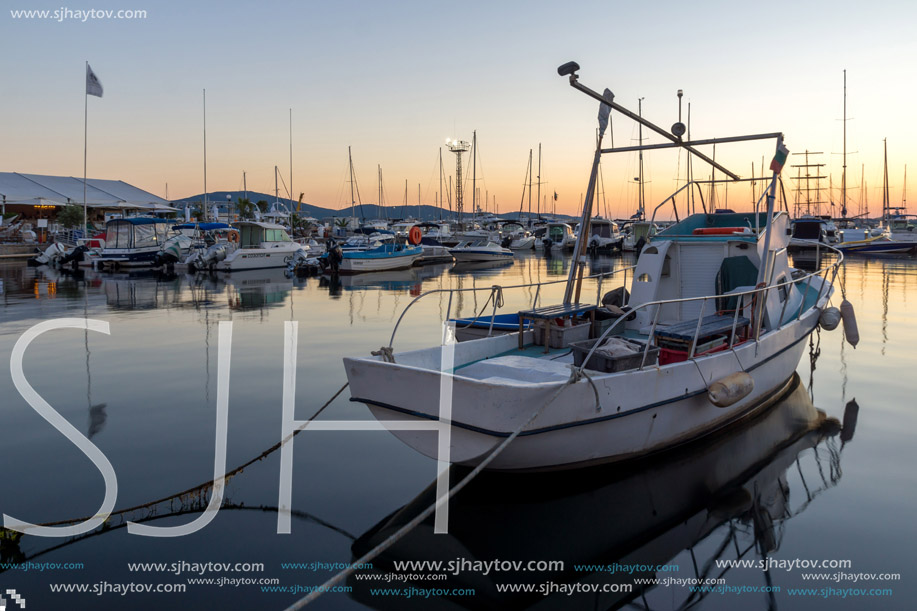 SOZOPOL, BULGARIA - JULY 11, 2016: Amazing Sunset at the port of Sozopol, Burgas Region, Bulgaria