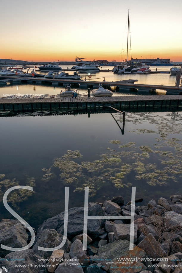 SOZOPOL, BULGARIA - JULY 11, 2016: Amazing Sunset at the port of Sozopol, Burgas Region, Bulgaria