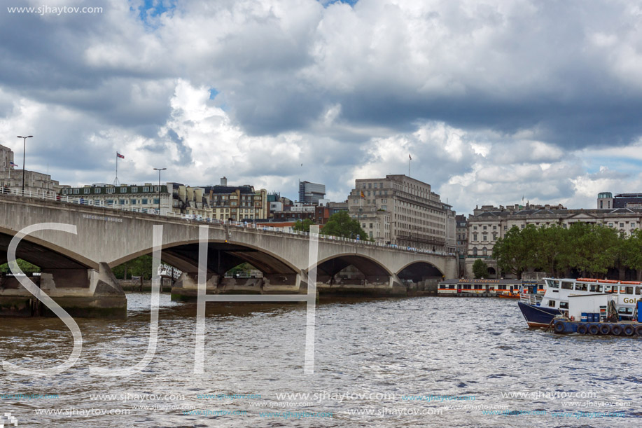 LONDON, ENGLAND - JUNE 15 2016: Waterloo Bridge and Thames River, London, England, United Kingdom
