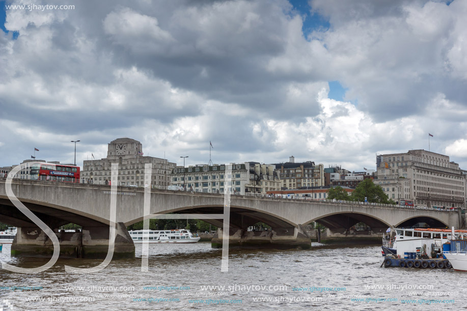 LONDON, ENGLAND - JUNE 15 2016: Waterloo Bridge and Thames River, London, England, United Kingdom