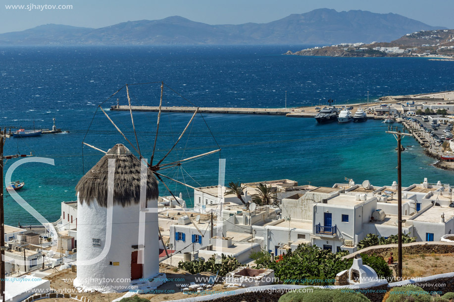 Amazing view of White windmills on the island of Mykonos, Cyclades, Greece