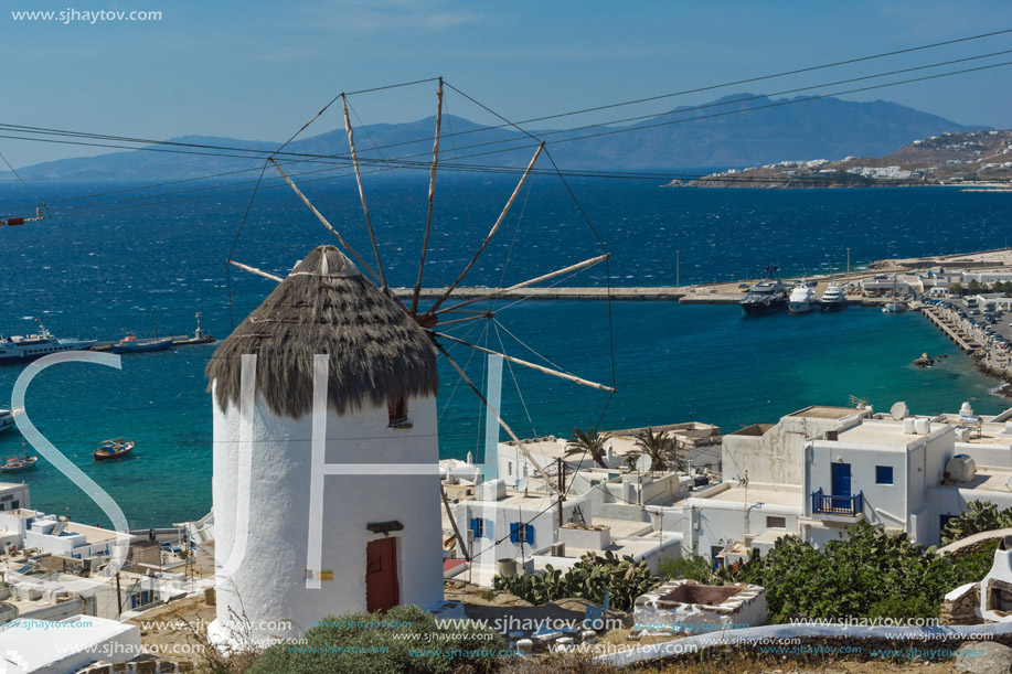 Amazing view of White windmills on the island of Mykonos, Cyclades, Greece