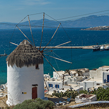 Amazing view of White windmills on the island of Mykonos, Cyclades, Greece