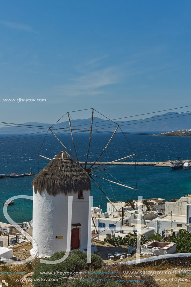 Amazing view of White windmills on the island of Mykonos, Cyclades, Greece