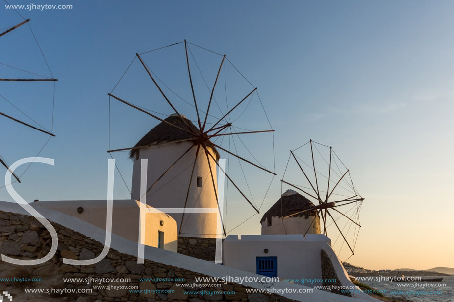 Amazing view of White windmills on the island of Mykonos, Cyclades, Greece