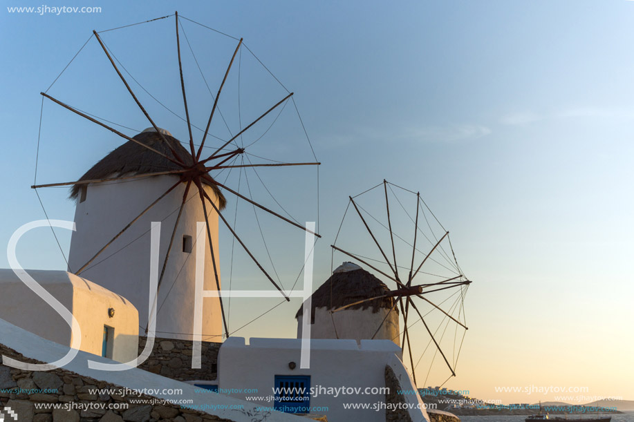 Sunset view of White windmills on the island of Mykonos, Cyclades, Greece