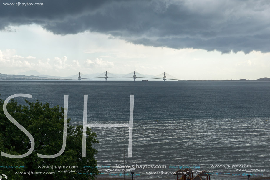 Panorama of The cable bridge between Rio and Antirrio from Nafpaktos, Patra, Western Greece