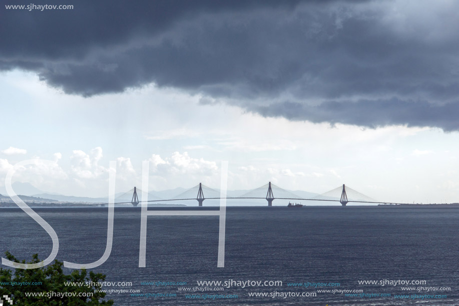 Panorama of The cable bridge between Rio and Antirrio from Nafpaktos, Patra, Western Greece