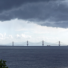 Panorama of The cable bridge between Rio and Antirrio from Nafpaktos, Patra, Western Greece