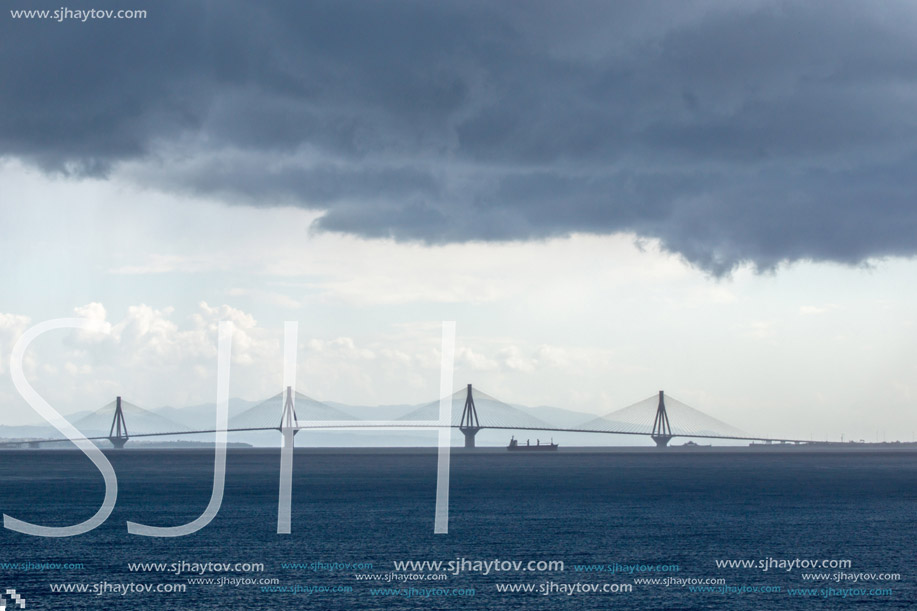 Panorama of The cable bridge between Rio and Antirrio from Nafpaktos, Patra, Western Greece