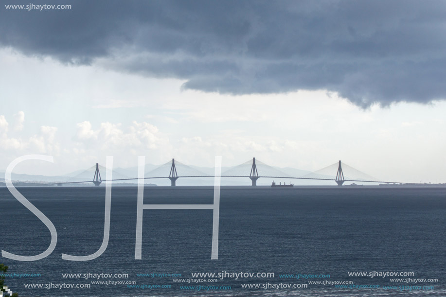 Panorama of The cable bridge between Rio and Antirrio from Nafpaktos, Patra, Western Greece