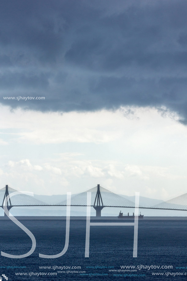 Panorama of The cable bridge between Rio and Antirrio from Nafpaktos, Patra, Western Greece