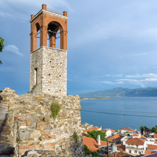 Sunset view of Clock tower in Nafpaktos town, Western Greece