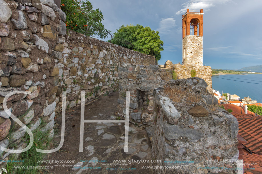 Sunset view of Clock tower in Nafpaktos town, Western Greece