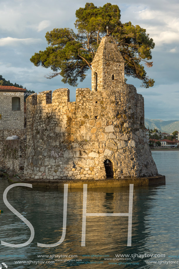 Sunset panorama of Fortification at the port of Nafpaktos town, Western Greece