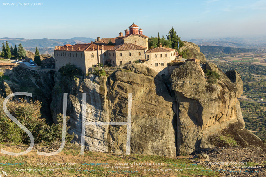 Amazing Sunset view of  Holy Monastery of St. Stephen in Meteora, Thessaly, Greece