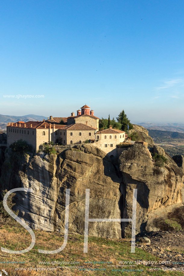 Amazing Sunset view of  Holy Monastery of St. Stephen in Meteora, Thessaly, Greece