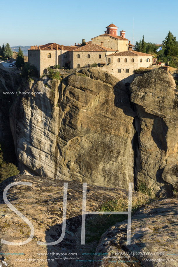 Amazing Sunset view of  Holy Monastery of St. Stephen in Meteora, Thessaly, Greece