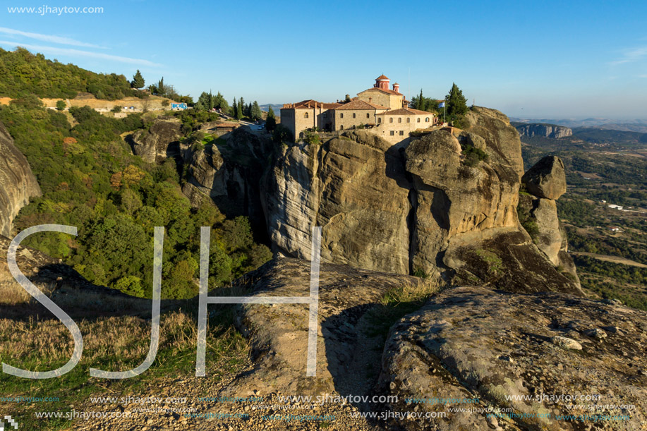 Amazing Sunset view of  Holy Monastery of St. Stephen in Meteora, Thessaly, Greece