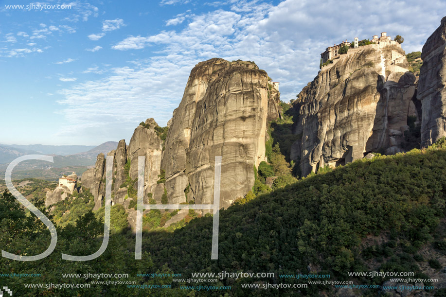 Amazing view of Rock Pillars and Holy Monasteries of Varlaam and St. Nicholas Anapausas  in Meteora, Thessaly, Greece