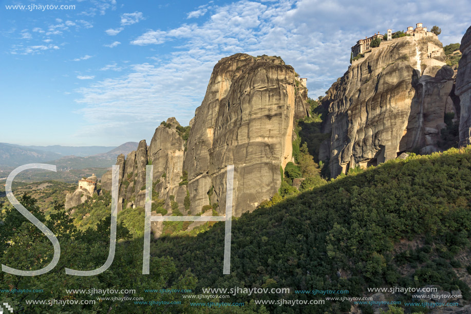 Amazing view of Rock Pillars and Holy Monasteries of Varlaam and St. Nicholas Anapausas  in Meteora, Thessaly, Greece