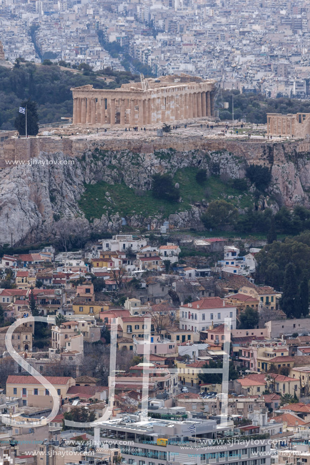Amazing view of the Acropolis of Athens from Lycabettus hill, Attica, Greece