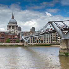 LONDON, ENGLAND - JUNE 15 2016: St. Paul"s Cathedral and Millennium bridge, London, England, Great Britain