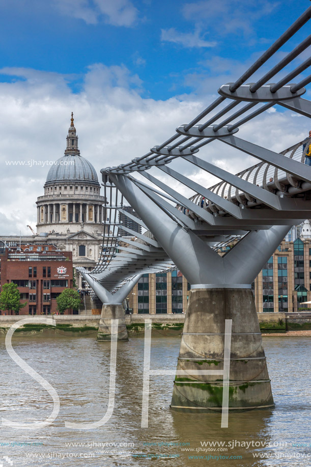 LONDON, ENGLAND - JUNE 15 2016: St. Paul"s Cathedral and Millennium bridge, London, England, Great Britain