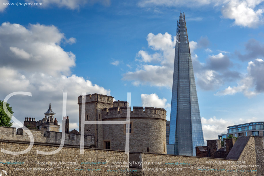 LONDON, ENGLAND - JUNE 15 2016: Panorama with Tower of London and The Shard, London, England, Great Britain