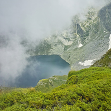 Amazing view with Fog over The Twin lake, The Seven Rila Lakes, Bulgaria
