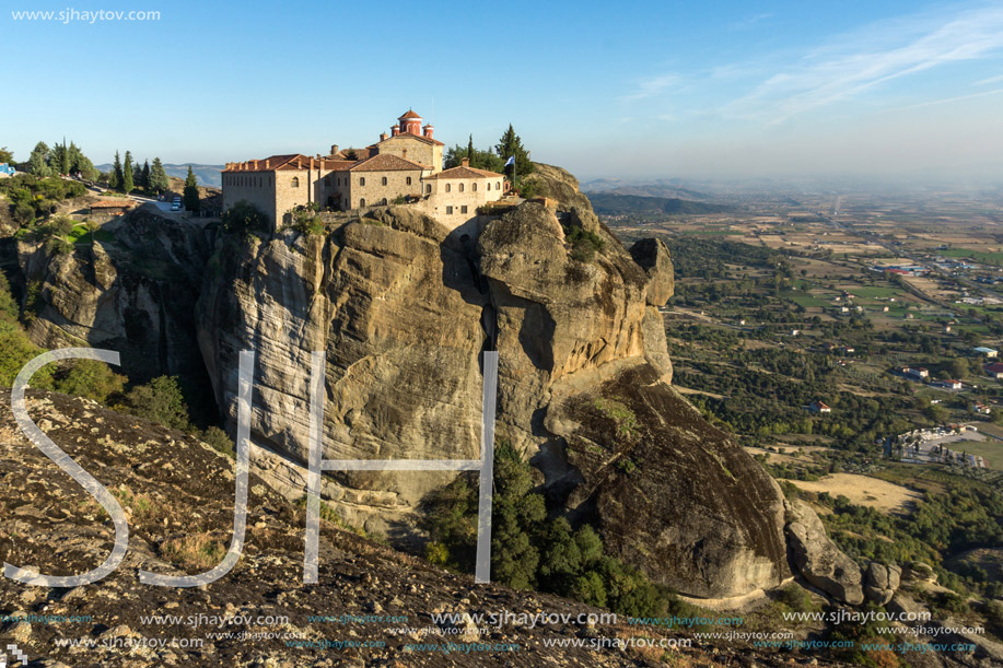 Amazing Sunset Panorama of  Holy Monastery of St. Stephen in Meteora, Thessaly, Greece