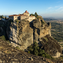 Amazing Sunset Panorama of  Holy Monastery of St. Stephen in Meteora, Thessaly, Greece