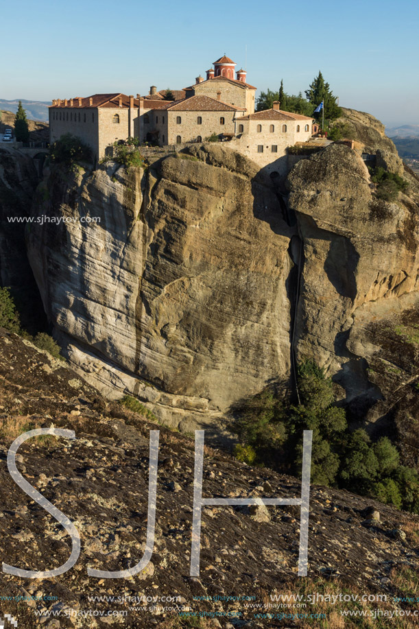 Amazing Sunset Panorama of  Holy Monastery of St. Stephen in Meteora, Thessaly, Greece