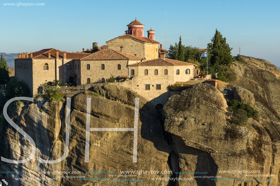 Amazing Sunset Panorama of  Holy Monastery of St. Stephen in Meteora, Thessaly, Greece