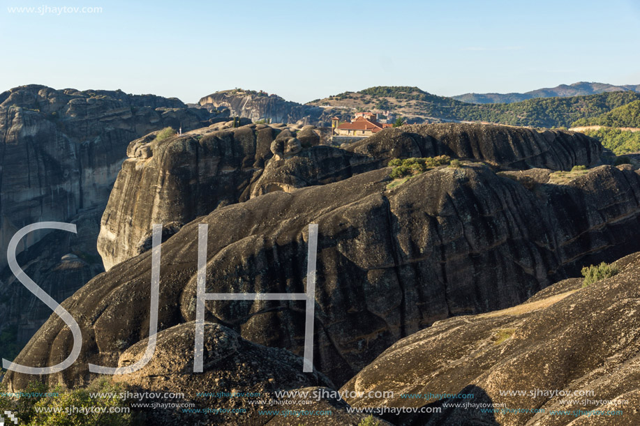 Amazing Sunset Panorama of  Monastery of the Holy Trinity in Meteora, Thessaly, Greece