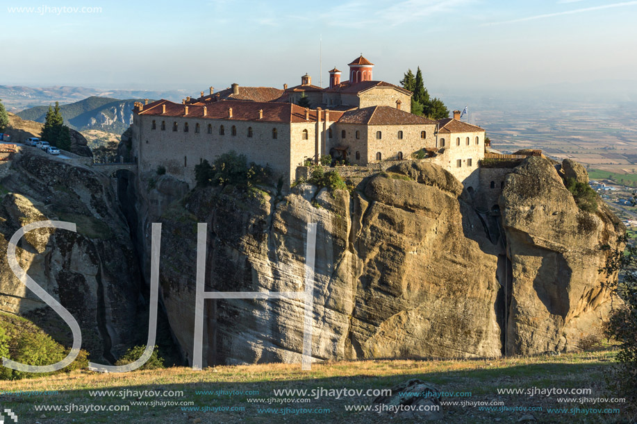 Amazing Sunset Panorama of  Holy Monastery of St. Stephen in Meteora, Thessaly, Greece