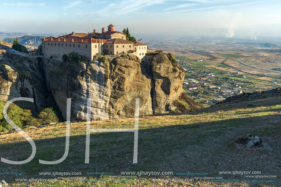 Amazing Sunset Panorama of  Holy Monastery of St. Stephen in Meteora, Thessaly, Greece