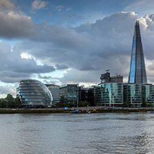 LONDON, ENGLAND - JUNE 15 2016: Sunset Panorama with The Shard skyscraper and Thames river, England, Great Britain