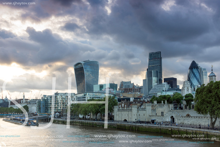 LONDON, ENGLAND - JUNE 15 2016: Sunset Skyline of London From Tower Bridge, England, United Kingdom