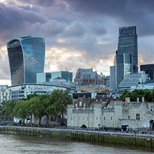 LONDON, ENGLAND - JUNE 15 2016: Sunset Skyline of London From Tower Bridge, England, United Kingdom