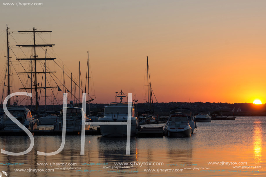 SOZOPOL, BULGARIA - JULY 13, 2016: Amazing Sunset at the port of Sozopol, Burgas Region, Bulgaria