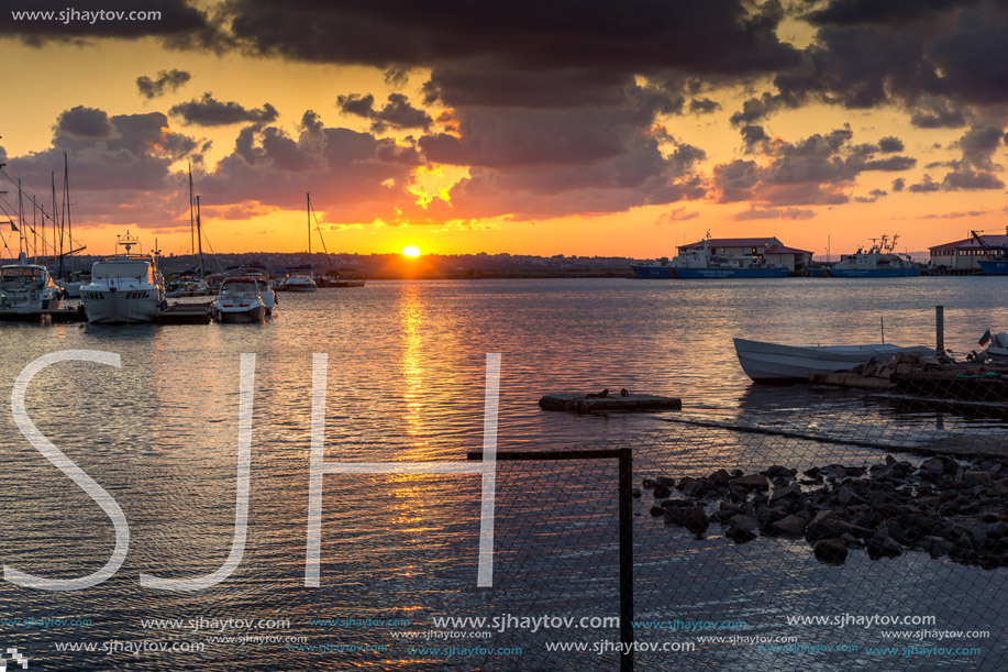 SOZOPOL, BULGARIA - JULY 12, 2016: Amazing Sunset at the port of Sozopol, Burgas Region, Bulgaria