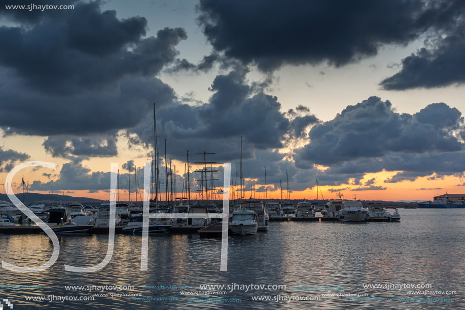 SOZOPOL, BULGARIA - JULY 12, 2016: Amazing Sunset at the port of Sozopol, Burgas Region, Bulgaria