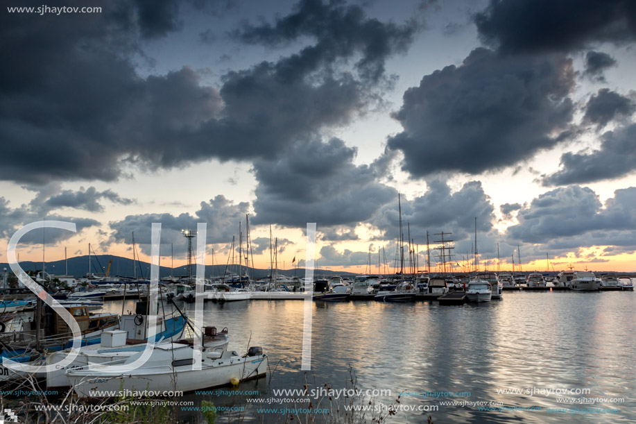 SOZOPOL, BULGARIA - JULY 12, 2016: Amazing Sunset at the port of Sozopol, Burgas Region, Bulgaria