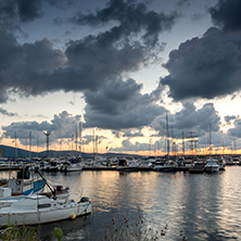 SOZOPOL, BULGARIA - JULY 12, 2016: Amazing Sunset at the port of Sozopol, Burgas Region, Bulgaria