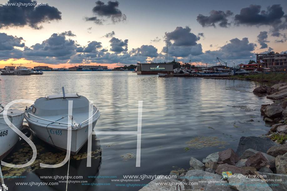 SOZOPOL, BULGARIA - JULY 12, 2016: Amazing Sunset at the port of Sozopol, Burgas Region, Bulgaria