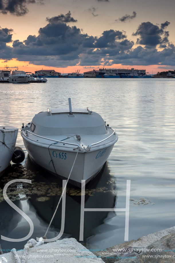 SOZOPOL, BULGARIA - JULY 12, 2016: Amazing Sunset at the port of Sozopol, Burgas Region, Bulgaria